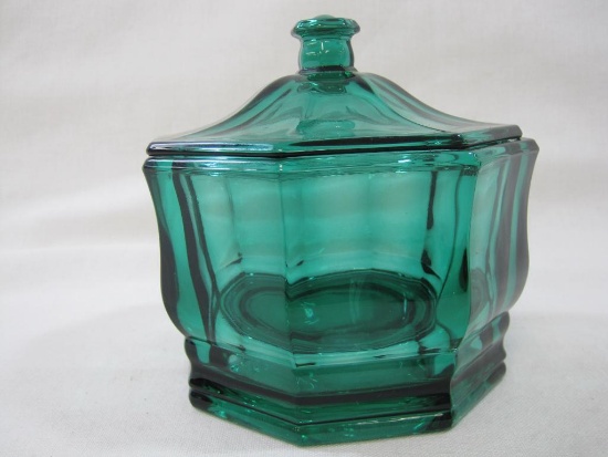 Green Glass Octagonal Covered Candy Bowl