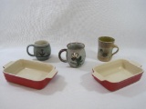Five Stoneware Items Includes 3 Coffee Mugs and 2 Le Creuset 10-31 Red Rectangular Baking Dishes
