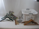 Laundry Basket, White Square Sterilite, With Metal, Plastic, and Wood Garment Hangers