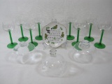 Eight Green Stem Wine Glasses, Made in France, with Three Glass Horderves Plate Covers and Irish