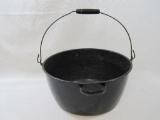 Large Enamelware Kettle, Blue with White Specks, Wood and Wire Handle