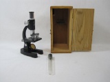 Lafayette Microscope in Original Wooden Box, Mirror Reflective, 100X, 200X, 300X, 500X, with Pyrex