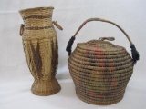 Two Woven Rattan Baskets, with Handles, One has Top