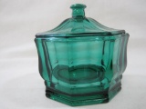 Green Glass Octagonal Covered Candy Bowl