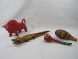 Decorative Items Includes Two Gourd Shakers, Carved Wood Slinky AlliGator, and Ceramic Red Bull