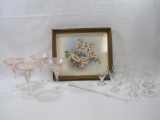 Four Hand Painted Martini Glasses with Glass Stir, 8 Cut Glass Cordial Glasses, and Dogwood Flower