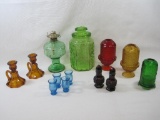 Colored Glass Assortment Includes Oil Lamp, Footed Candle Holders, Blue Shot Glasses, Green Canister