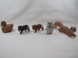 Animal Figurines Includes Ceramic Pottery Squirrel, Duck and Owl, with Carved Wood Lion and Leopard