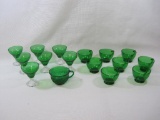 Seven Green Glass Cordial Glasses and Nine Tea Cups