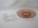 Pink Glass Footed Tray with Two Cut Glass Cigarette Cases and Ash Trays