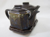 Brown Handpainted Ceramic Pottery Twin Teapots and Tray, Made in Japan