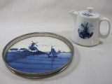 Ter Steege Holland Delft Blauw Windmill Teapot with Windmill and Boat German Serving Tray