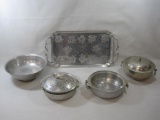 Aluminum Serviceware, Serving Tray and Bowls of Various Sizes and Designs, some with glass inserts.