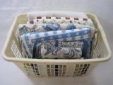 Tablecloths and Woven Rugs of Various sizes with Laundry Basket