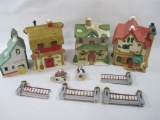 Four Ceramic Winter/Christmas Themed Houses by Decorative Outfit, includes figurines and fencing,