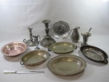 Assortment of Pewter and Silverplate Serving Dishes, Candle Holders, Creamer, Spoon and more