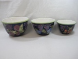 Three Ceramic Bowls with Fruit pattern by Patricia Brubaker, Certified International, Made in China.