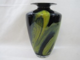 Glass Vase with Amethyst, Yellow and Blue Glass Highlights, approximately 14.5 inches tall