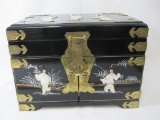 Chinese Black Lacquer and Mother of Pearl with Hand Painted Accents Jewelry Trinket Box