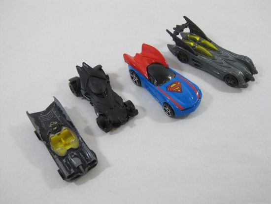 Four Superhero Themed Diecast Cars by Hot Wheels and Playart, Includes Three Batmobiles and One