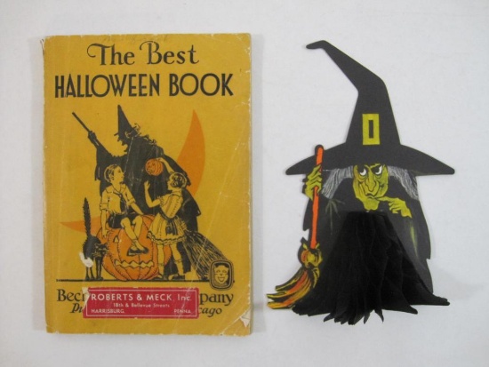 The Best Halloween Book (1931 Beckley-Cardy Company) and Vintage Hallmark Witch Decoration