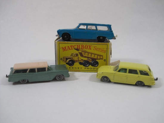 Three Lesney "Matchbox" Series Cars and Box for No. 6 Euclid Quarry Truck, Cars include No. 38