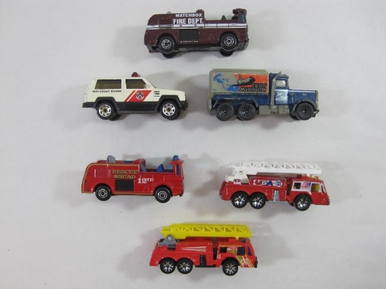 Six Die Cast Matchbox Trucks, Includes Primarily Rescue Vehicles, Fire Trucks Coast Guard and a