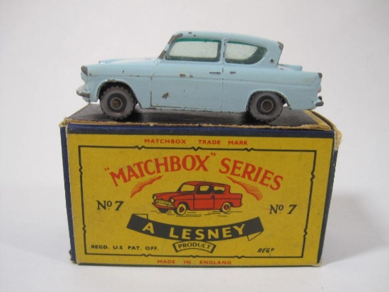 Lesney "Matchbox" Series No. 7 Ford Anglia with Gray/Silver Wheels, in original box, 2 oz