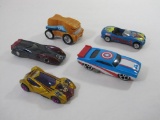 Five Superhero Themed Diecast and Plastic Cars by Maisto, Matchbox and Hot Wheels, Including