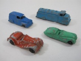 Four Metal Vehicles by Tootsie Toy and Midgetoy, Includes Tanker Truck, Jaguar and Others. 7oz