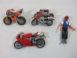 Three Motorcycles and Two Action Figure Toys, Includes Ducati and Tray Lee Designs Dirtbike and
