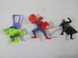 Three Plastic Superhero Themed Figures. Includes Spider-Man Suction Cup, Incredible Hulk Superhero