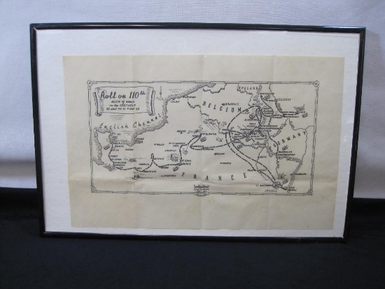 Framed Commemorative WW II Map, approx 12 X 18 inches