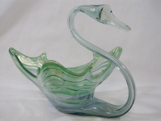 Hand Blown Glass Swan Bowl, Black Light Active, See Pictures for Size
