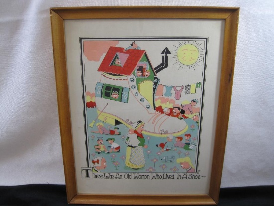 There Was An Old Woman Who lived In A Shoe Framed Artwork, approx 12 X 15.5 inches