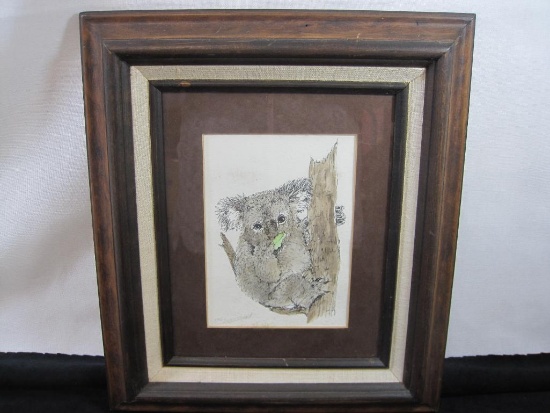Koala Framed Art, Pen and Watercolor, Signed by Artist, 50/100, approx 13 X 15 inches
