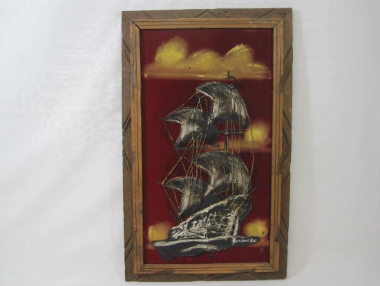Red Velvet Sailing Ship Original Painting, Signed by Artist, Wood Frame, Made in Mexico approx 14 X