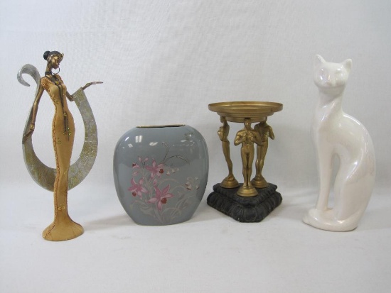 Decorative Items Including Elegant Lady Figure, Ceramic Cat, Vase and more