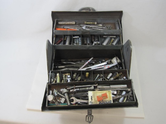 Metal Multi Shelf Tool Box with Tools, Ratchet and Sockets, Wrenches, Vise-Grips, Hacksaw Blades and