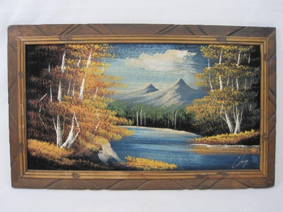 Mountain Lake Landscape Painting on Black Velvet, Signed by Artist, Wood Frame approx 14 X 23 Inches
