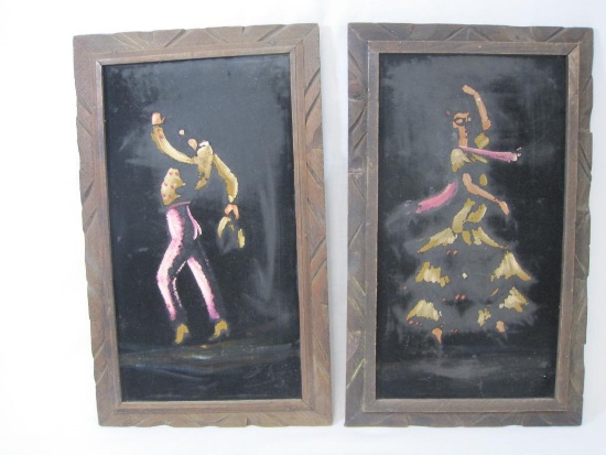 Pair of Hand painted Flamenco Dancers, Oils on Velvet, from Old Mexico, Wood Frames approx 14 X 23