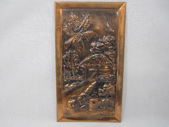 Caribbean Copper Art Wall Plaque, Hand Made R. Mungal, Trinidad, approx 7.5 X 13.5 inches