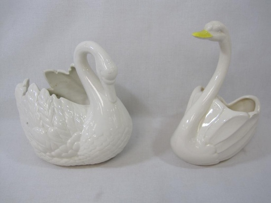 Two Ceramic White Swan Planters