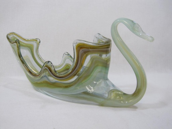 Hand Blown Art Glass Swan Trinket/Candy Dish, Black Light Active