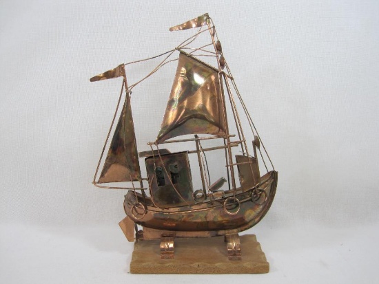 Copper Metal and Wire Musical Art Sculpture, Boat with Sails plays Raindrops Keep Falling on My Head