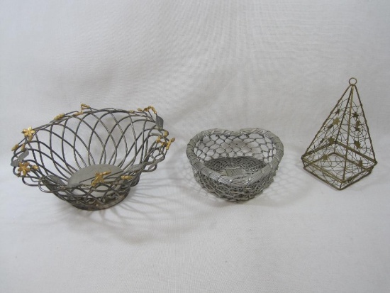 Three Wire Baskets Includes Pyramid with Stars, Aluminum Heart and Silverplated Round with Leaf Trim