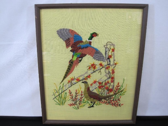 Pheasants Framed Needlepoint, Wood frame approx 17 X 21 inches
