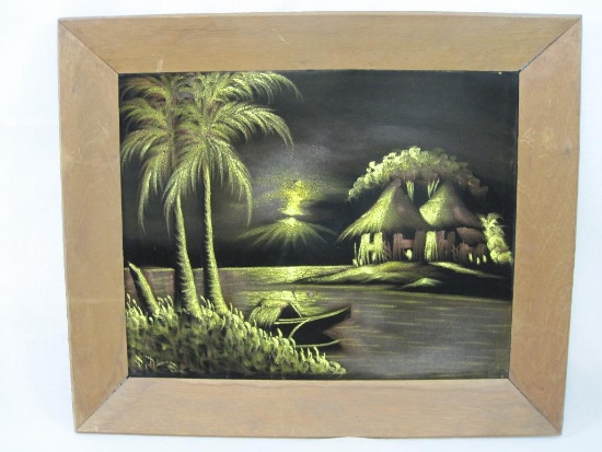 Original Back Velvet Tropical Island Scene Painting, Signed by Artist, Wood Frame approx 20 X 24