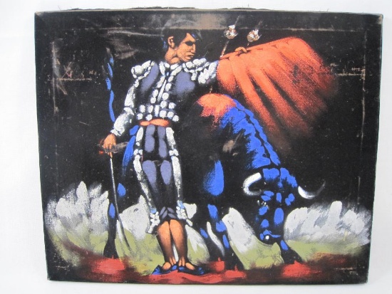 Black Velvet Matador and Bull, Hand painted approx 16 X 19.5 inches