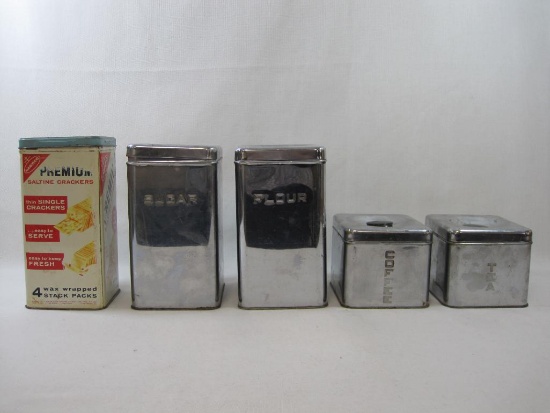 Stainless Steel Kitchen Canister Set, Lincoln Beautyware, plus Vintage Nabisco Premium Saltine